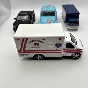 4 - 5" Die-cast Cars. Kinsfun Ambulance Rescue, VW Bug, Car Hauler & Ford Truck